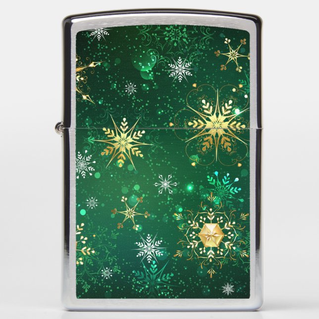 Xmas Golden Snowflakes on Green Background Zippo Lighter (Front)
