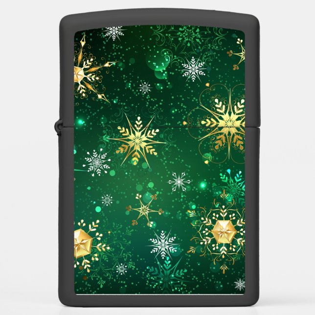 Xmas Golden Snowflakes on Green Background Zippo Lighter (Front)