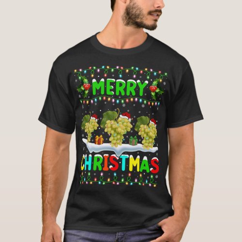 Xmas Grapes Fruit Lighting Santa Hat Merry Christm T_Shirt