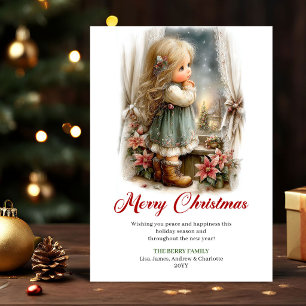 Xmas Greeting Cute Little Girl Christmas Scene Art Holiday Card