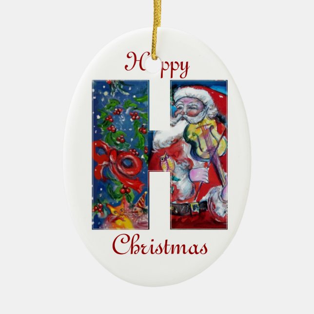 XMAS H LETTER /SANTA  CLAUS WITH VIOLIN MONOGRAM CERAMIC ORNAMENT (Front)