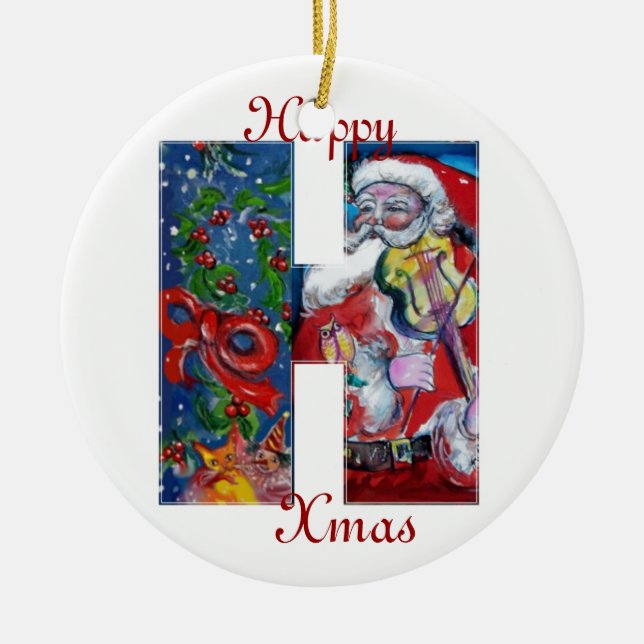 XMAS H LETTER /SANTA  CLAUS WITH VIOLIN MONOGRAM CERAMIC ORNAMENT (Front)