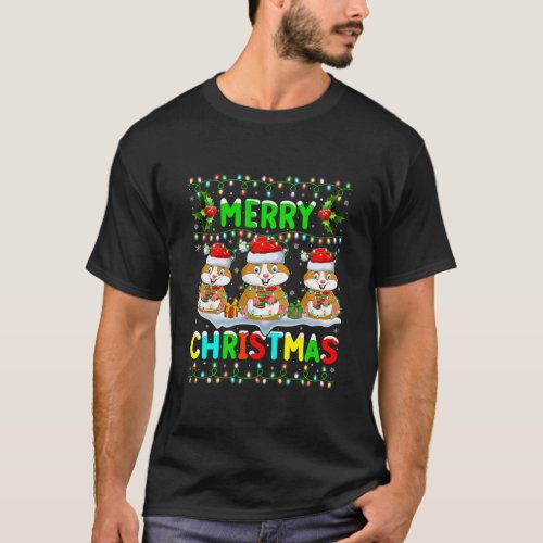 Xmas Hamster Lighting Santa Hat Merry Christmas T_Shirt