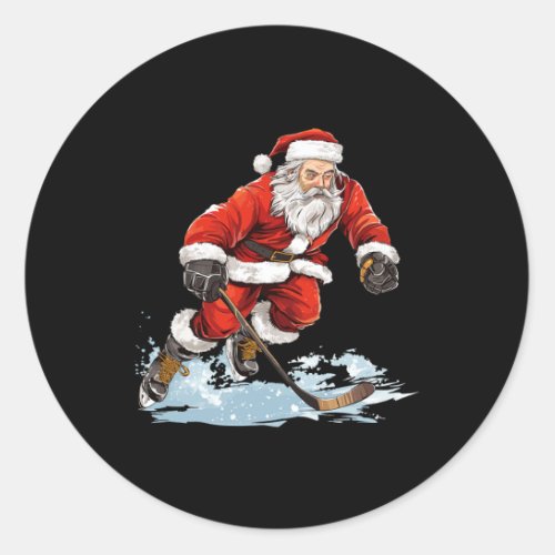 Xmas Holiday Fun Santa Playing Ice Hockey Christma Classic Round Sticker