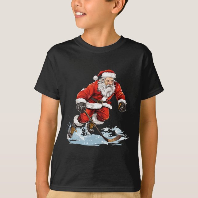 Xmas Holiday Fun Santa Playing Ice Hockey Christma T-Shirt (Front)