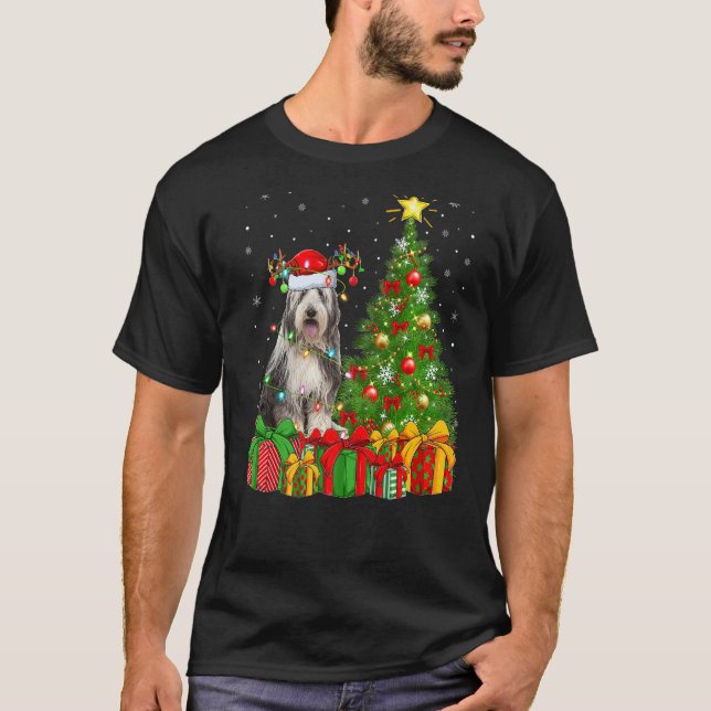 Xmas Holiday Lights Santa Bearded Collie Dog Chris T-Shirt (Front)