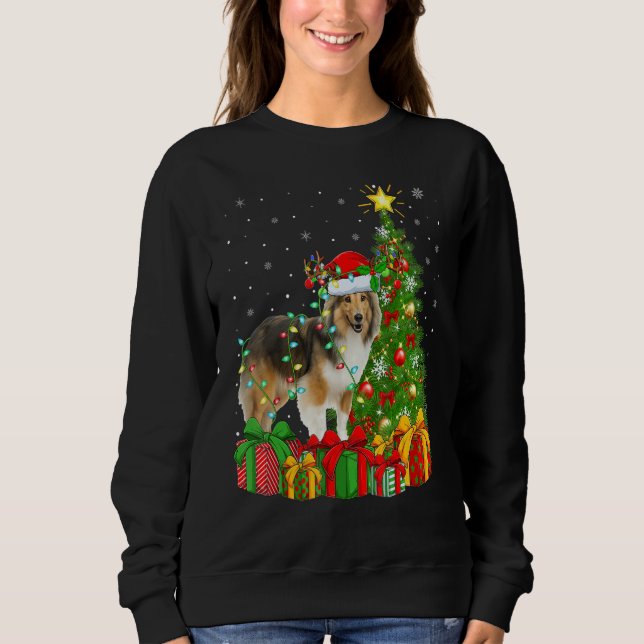 Xmas Holiday Lights Santa Sheltie Dog Christmas Tr Sweatshirt (Front)