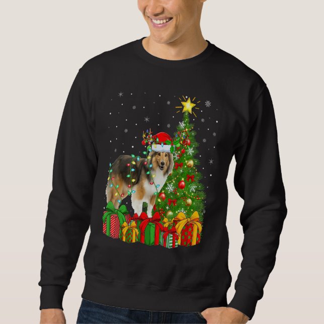Xmas Holiday Lights Santa Sheltie Dog Christmas Tr Sweatshirt (Front)