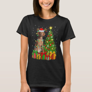 Xmas Holiday Lights Santa Vizsla Dog Christmas Tre T-Shirt