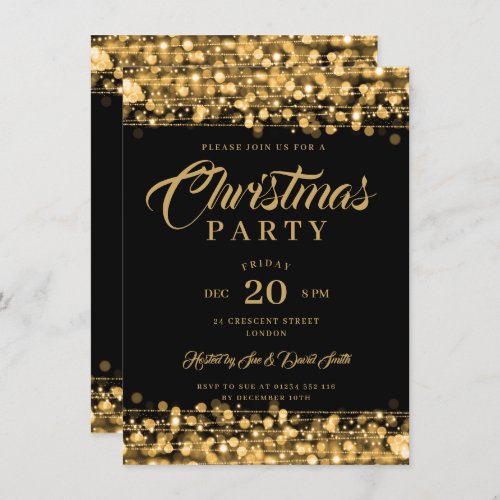 Xmas Holiday Party Gold String Lights Invitation