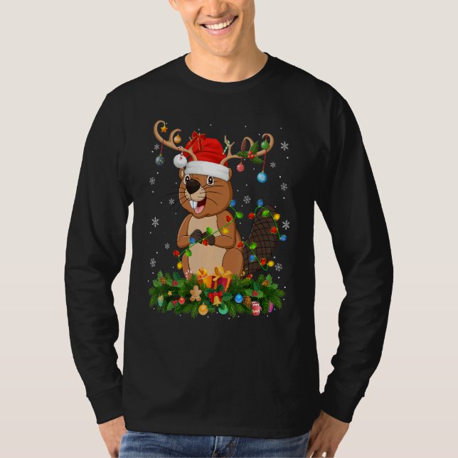 Xmas Holiday Reindeer Hat Santa Beaver Christmas T-Shirt (Front)
