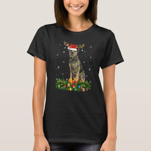 Xmas Holiday Reindeer Hat Santa Border Terrier Dog T_Shirt