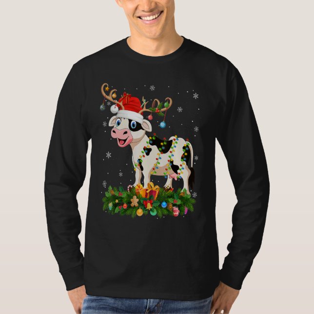 Xmas Holiday Reindeer Hat Santa Cattle Christmas T-Shirt (Front)