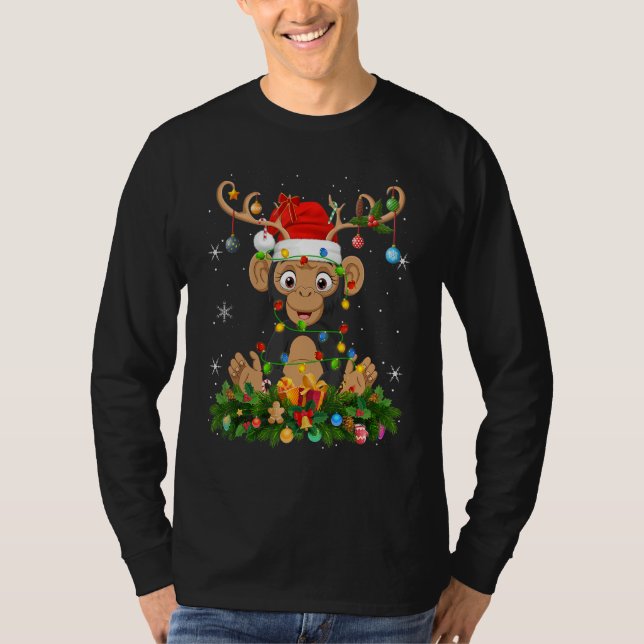 Xmas Holiday Reindeer Hat Santa Chimpanzee Christm T-Shirt (Front)