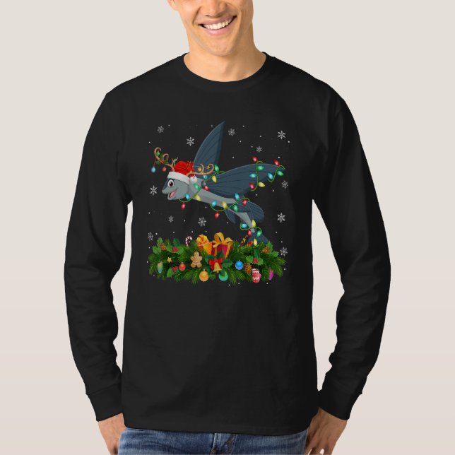 Xmas Holiday Reindeer Hat Santa Flying Fish Christ T-Shirt (Front)
