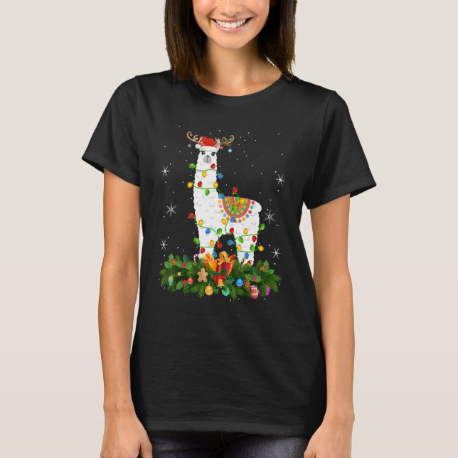 Xmas Holiday Reindeer Hat Santa Llama Christmas T-Shirt (Front)