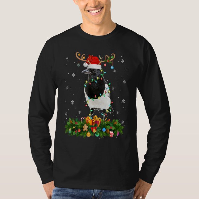 Xmas Holiday Reindeer Hat Santa Magpie Bird Christ T-Shirt (Front)