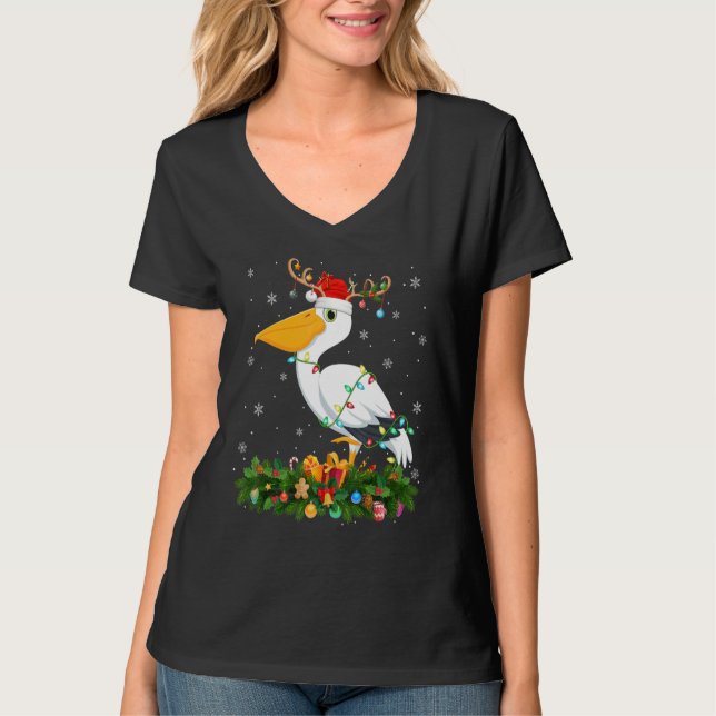 Xmas Holiday Reindeer Hat Santa Pelican Bird Chris T-Shirt (Front)