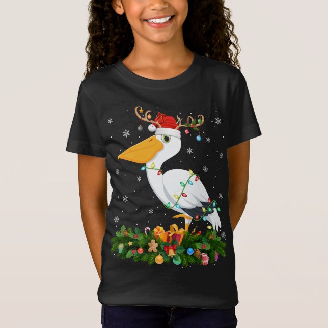 Xmas Holiday Reindeer Hat Santa Pelican Bird Chris T-Shirt (Front)