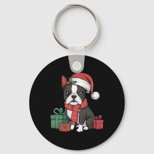 Xmas Holiday Santa Hat Boston Terrier Dog Christma Keychain