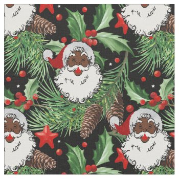 Xmas Holly Black Santa Claus Fabric by funnychristmas at Zazzle
