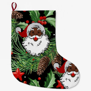 xmas holly black santa claus large christmas stocking
