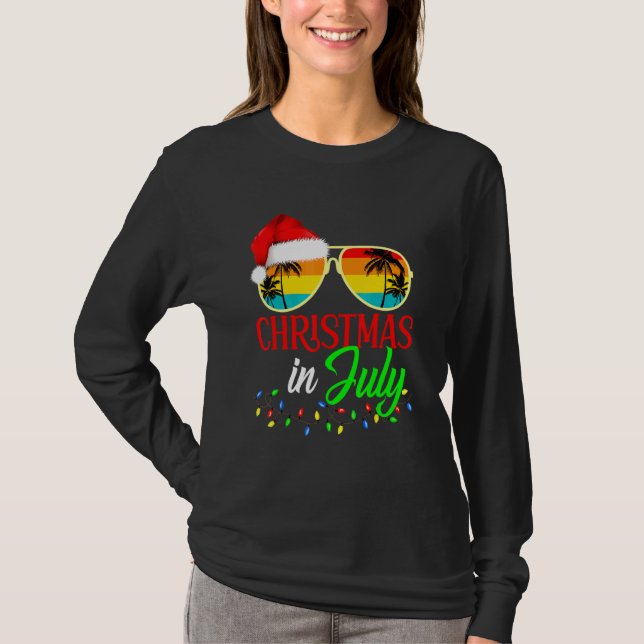 Xmas In July Santa Hat Sunglasses Summer Cute T-Shirt (Front)
