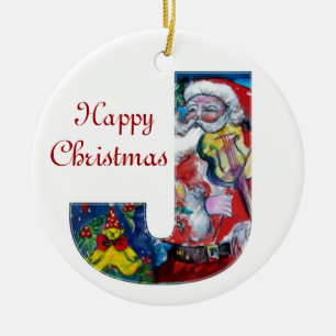 XMAS J LETTER /SANTA CLAUS WITH VIOLIN MONOGRAM CERAMIC ORNAMENT