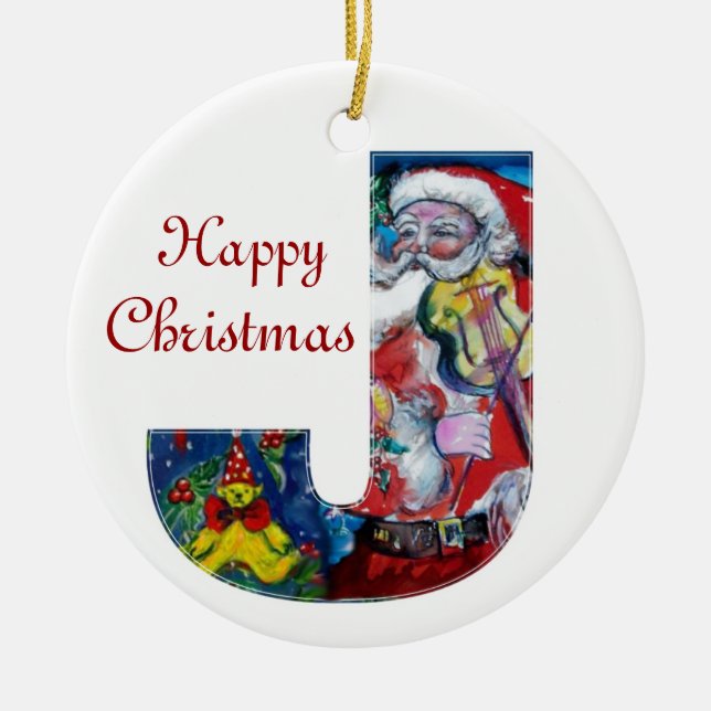 XMAS J LETTER /SANTA  CLAUS WITH VIOLIN MONOGRAM CERAMIC ORNAMENT (Front)