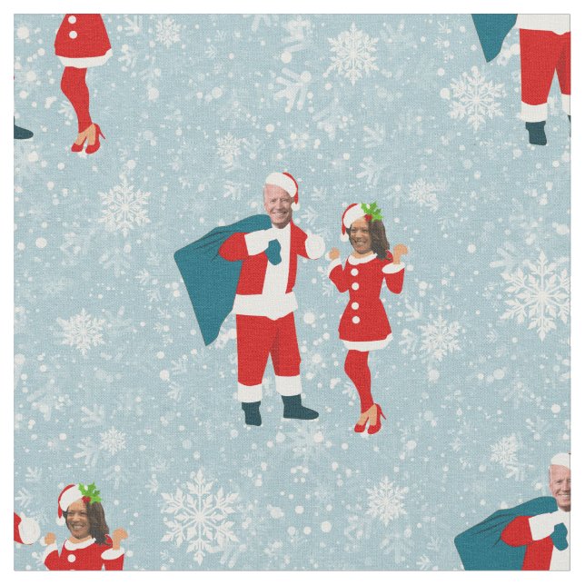 xmas joe biden santa kamala harris icy snowflakes fabric (Close Up)