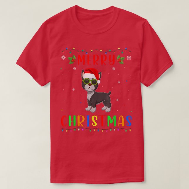 Xmas Light Boston Terrier Design Matching Christma T-Shirt (Design Front)