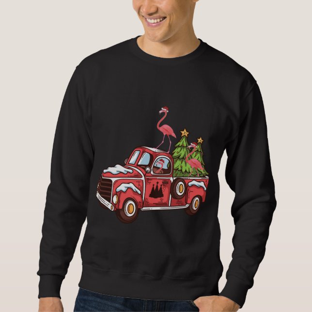 Xmas Lighting Flamingo Riding Christmas Tree Red T Sweatshirt (Front)