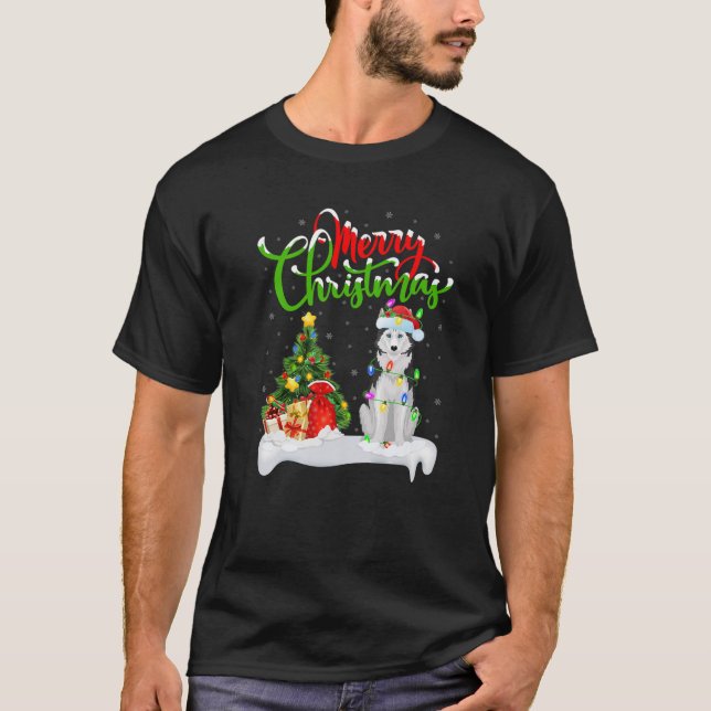 Xmas Lighting Matching Santa Siberian Husky Dog Ch T-Shirt (Front)
