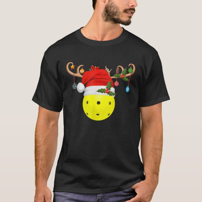 Xmas Lighting Reindeer Santa Hat Pickleball Christ T-Shirt (Front)