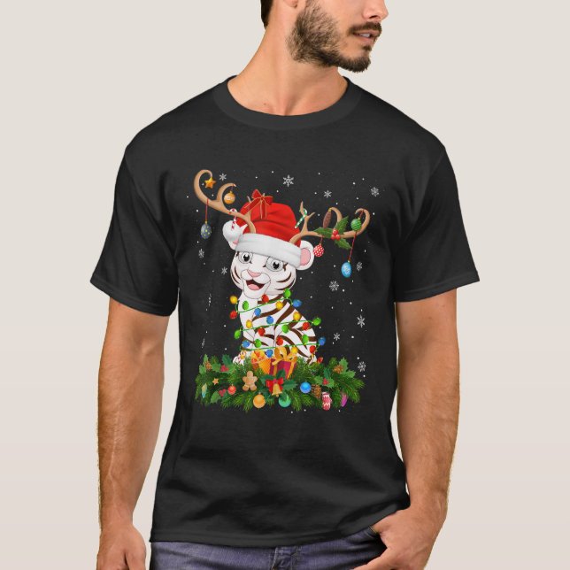 Xmas Lighting Reindeer Santa Hat White Tiger Chris T-Shirt (Front)