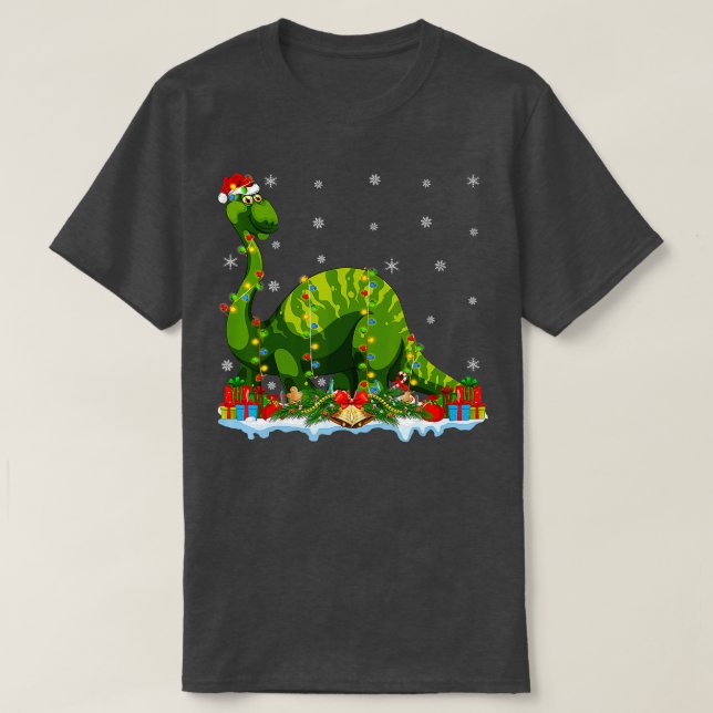 Xmas Lighting Santa Brontosaurus Dinosaur Christma T-Shirt (Design Front)
