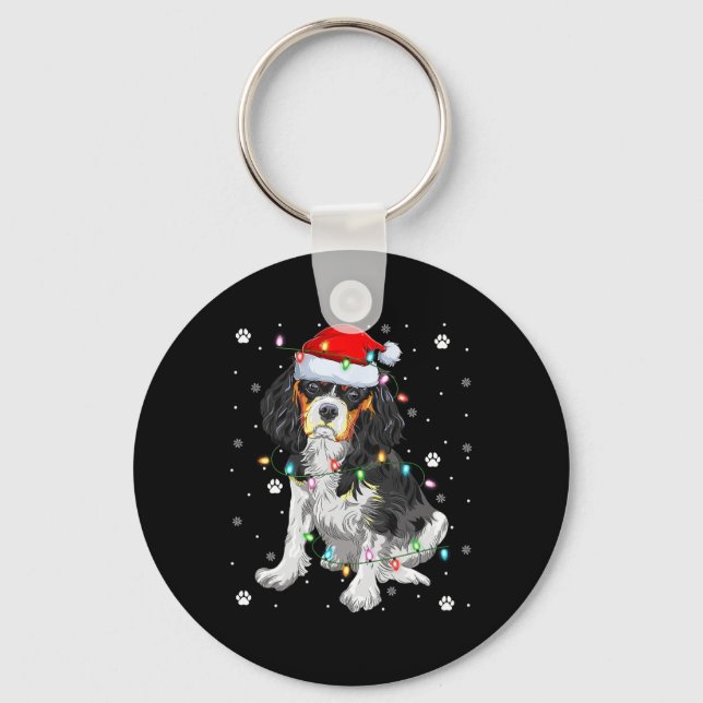 Xmas Lighting Santa Cavalier King Charles Spaniel  Keychain (Front)