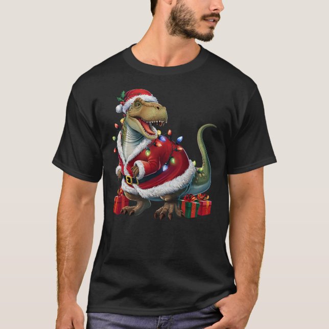Xmas Lighting Santa Dinosaur Christmas T-Shirt (Front)