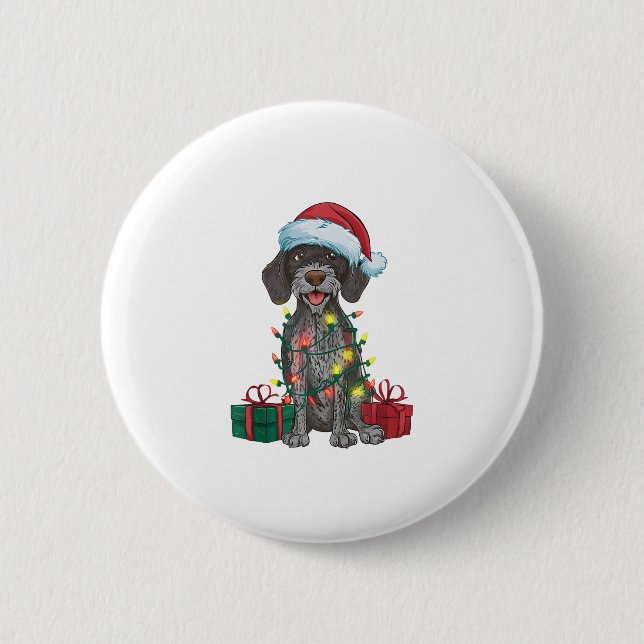 Xmas Lighting Santa German Wirehaired Pointer Dog  Button (Front)