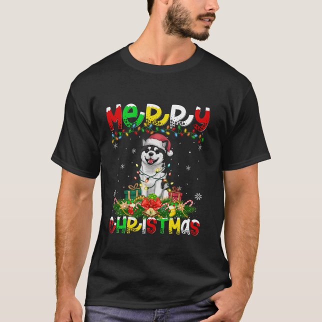 Xmas Lighting Santa Hat Akita Dog Merry Christmas  T-Shirt (Front)