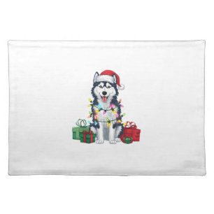 Xmas Lighting Santa Hat Alaskan Husky Dog Christma Cloth Placemat