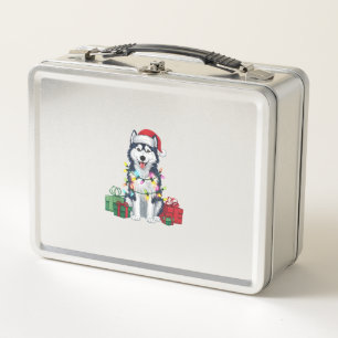 Xmas Lighting Santa Hat Alaskan Husky Dog Christma Metal Lunch Box