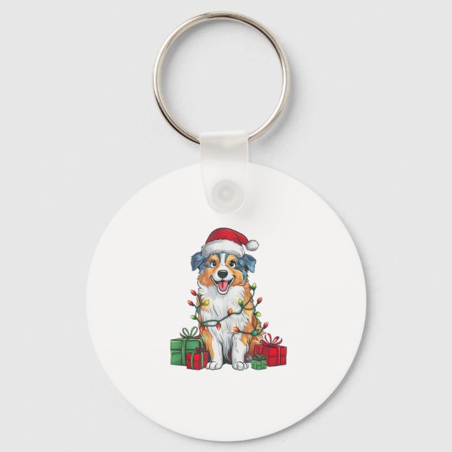 Xmas Lighting Santa Hat Australian Shepherd Dog Ch Keychain (Front)