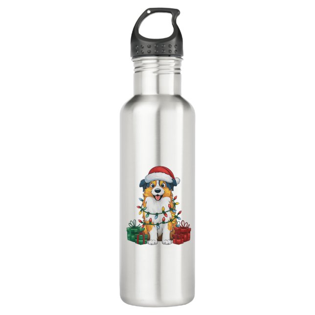 Xmas Lighting Santa Hat Australian Shepherd Dog Ch Stainless Steel Water Bottle (Front)