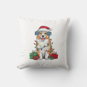 Xmas Lighting Santa Hat Australian Shepherd Dog Ch Throw Pillow
