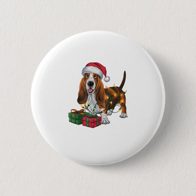 Xmas Lighting Santa Hat Basset Hound Dog Christmas Button (Front)