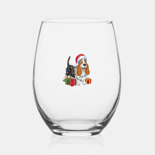 Xmas Lighting Santa Hat Basset Hound Dog Christmas Stemless Wine Glass