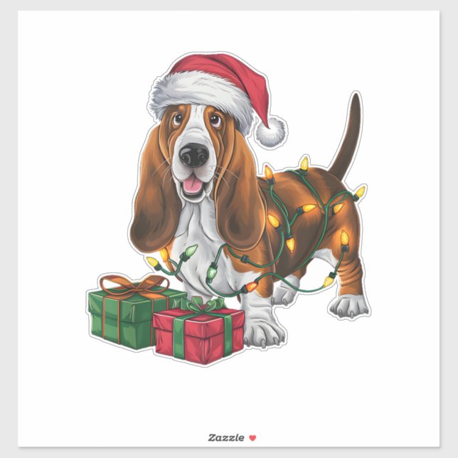 Xmas Lighting Santa Hat Basset Hound Dog Christmas Sticker (Sheet)