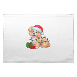 Xmas Lighting Santa Hat Bichon Frise Dog Christmas Cloth Placemat