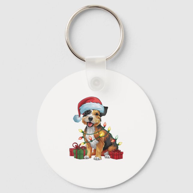 Xmas Lighting Santa Hat Border Terrier Dog Christm Keychain (Front)